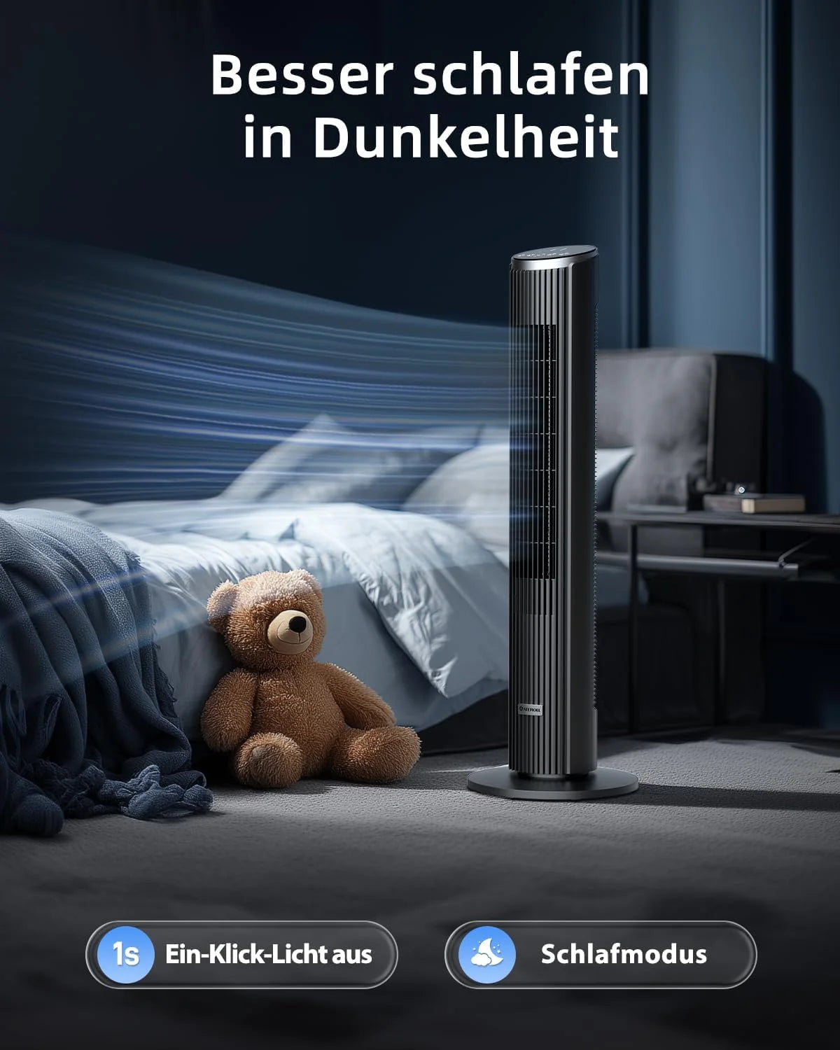 Ateroll Leiser Turmventilator für Schlafzimmer. Standventilator mit Fernbedienung. 90° oszillierend. 4 Geschwindigkeiten 3 Modi 12H Timer LED-Anzeige.