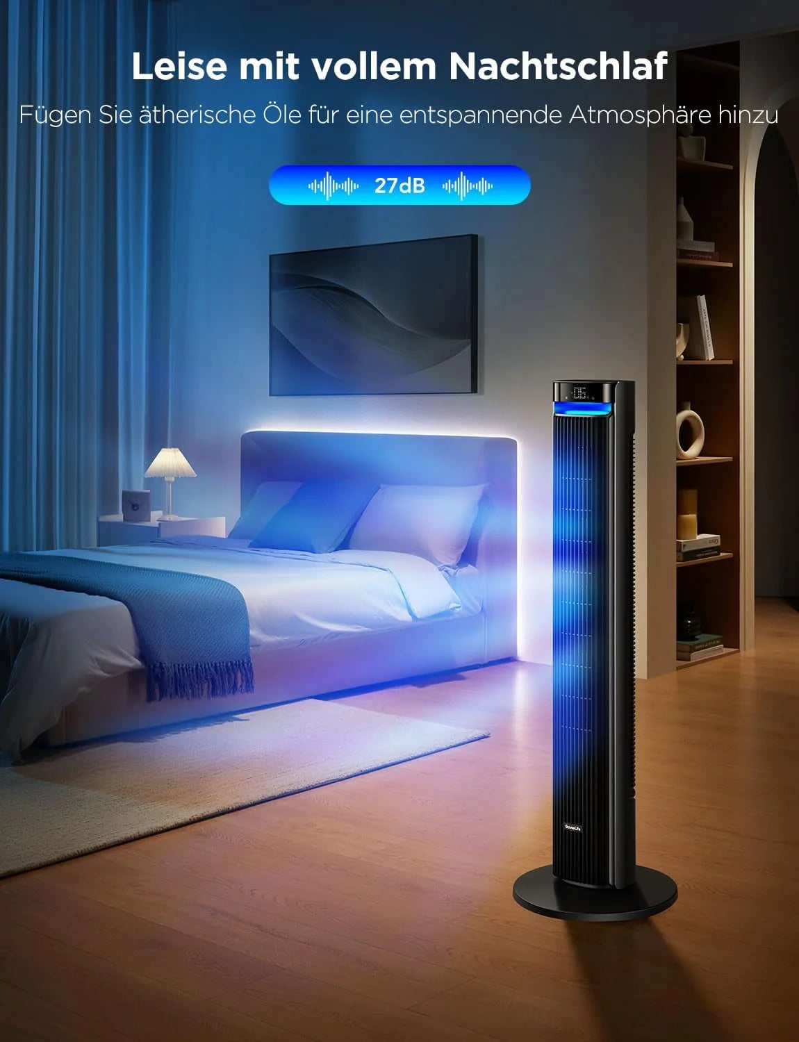 GoveeLife 27 dB leiser Ventilator. 12 Geschwindigkeiten bis zu 8 m/s. 5 Modi. 24-Stunden-Timer. intelligenter Turmventilator mit 150°-Oszillation. APP