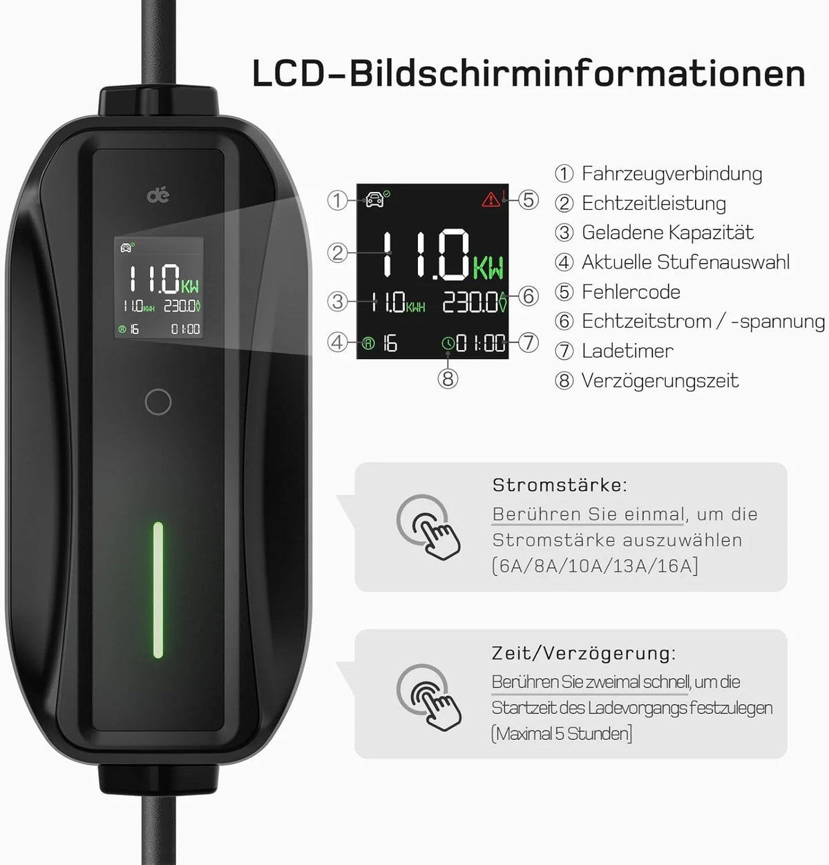 dé Mobile Wallbox/Ladestation 11kW [3-phasig|7m|6-16A] mit Traveller Adapter Set. Ladekabel CEE 16A auf Typ 2 und EV Ladegerät für Model Y/3. ID.3/4/5