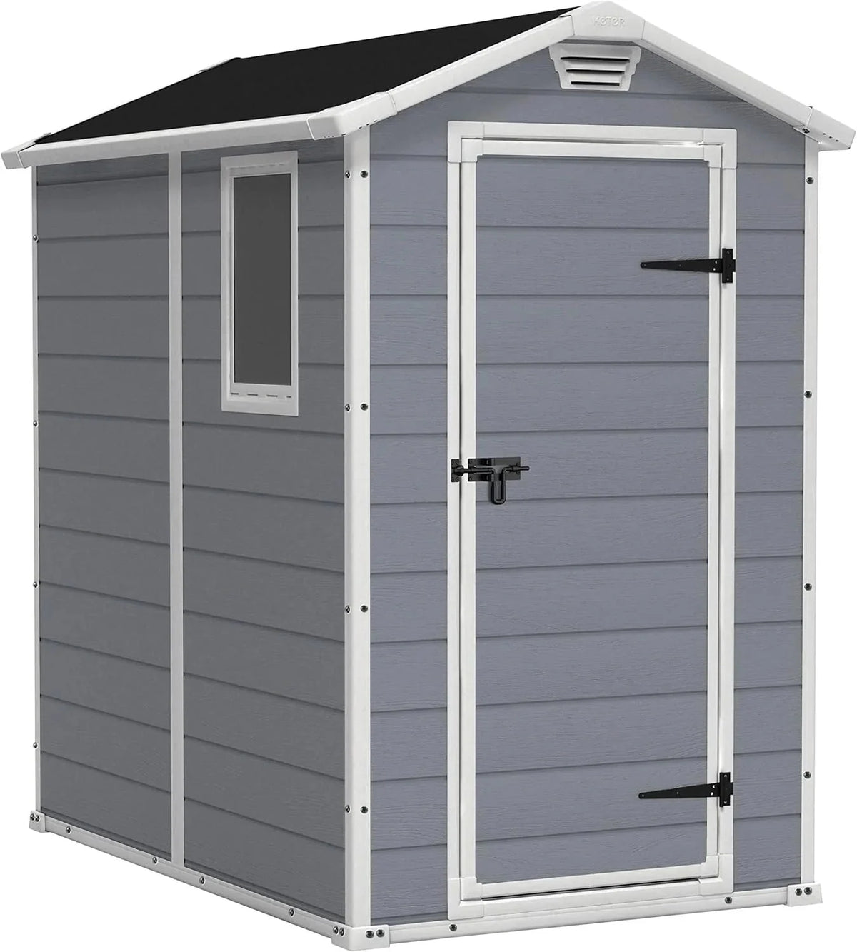 Keter Manor 4X6 - Caseta de jardín. 130x192x198cm y 2.2m2. Suelo. Sistema de ventilación. Puerta y Ventana. Resistente al Agua. Color Gris