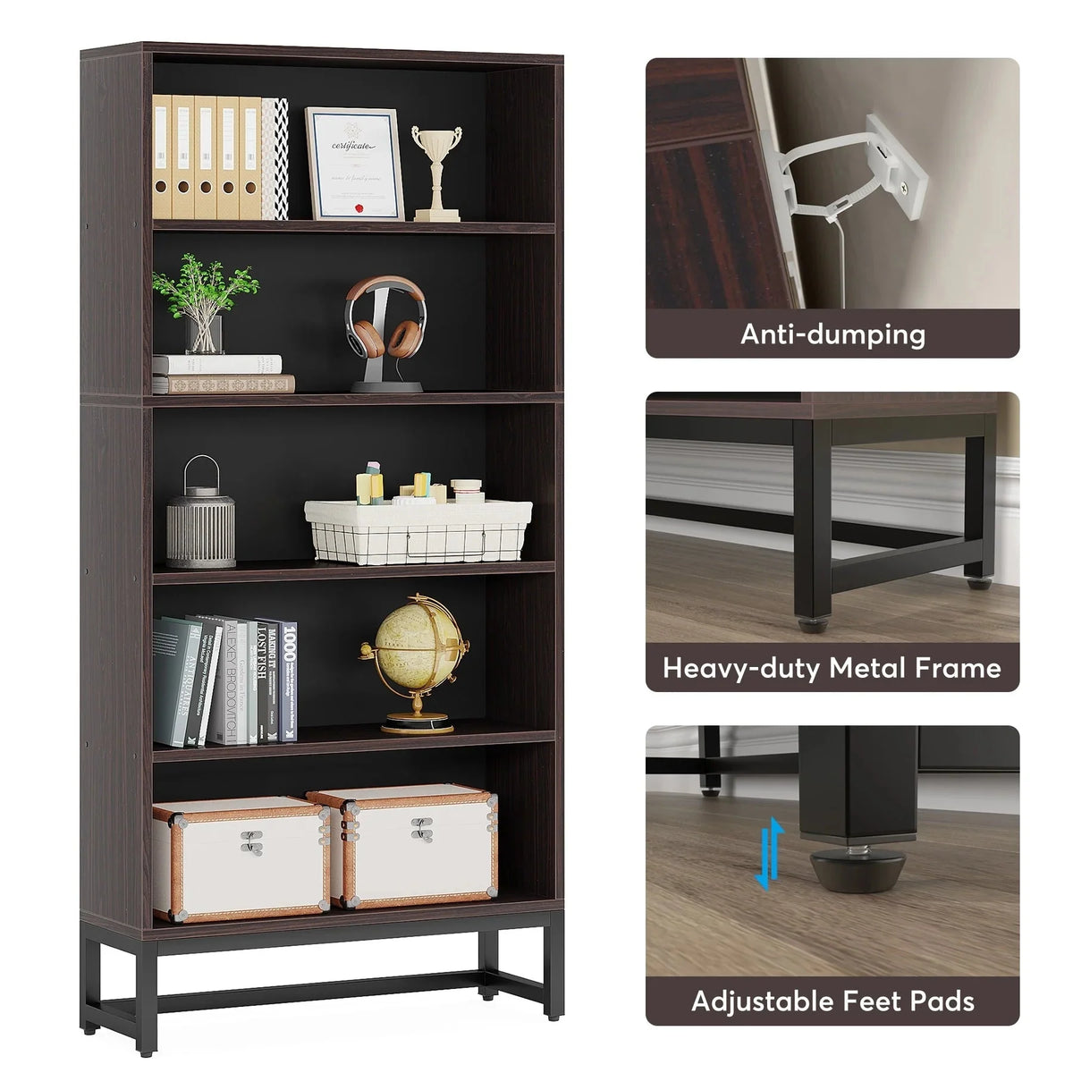 70.87 Inch Tall 5-Tier Bookcase. Large Bookshelf with 31.5 Inch Wide Storage