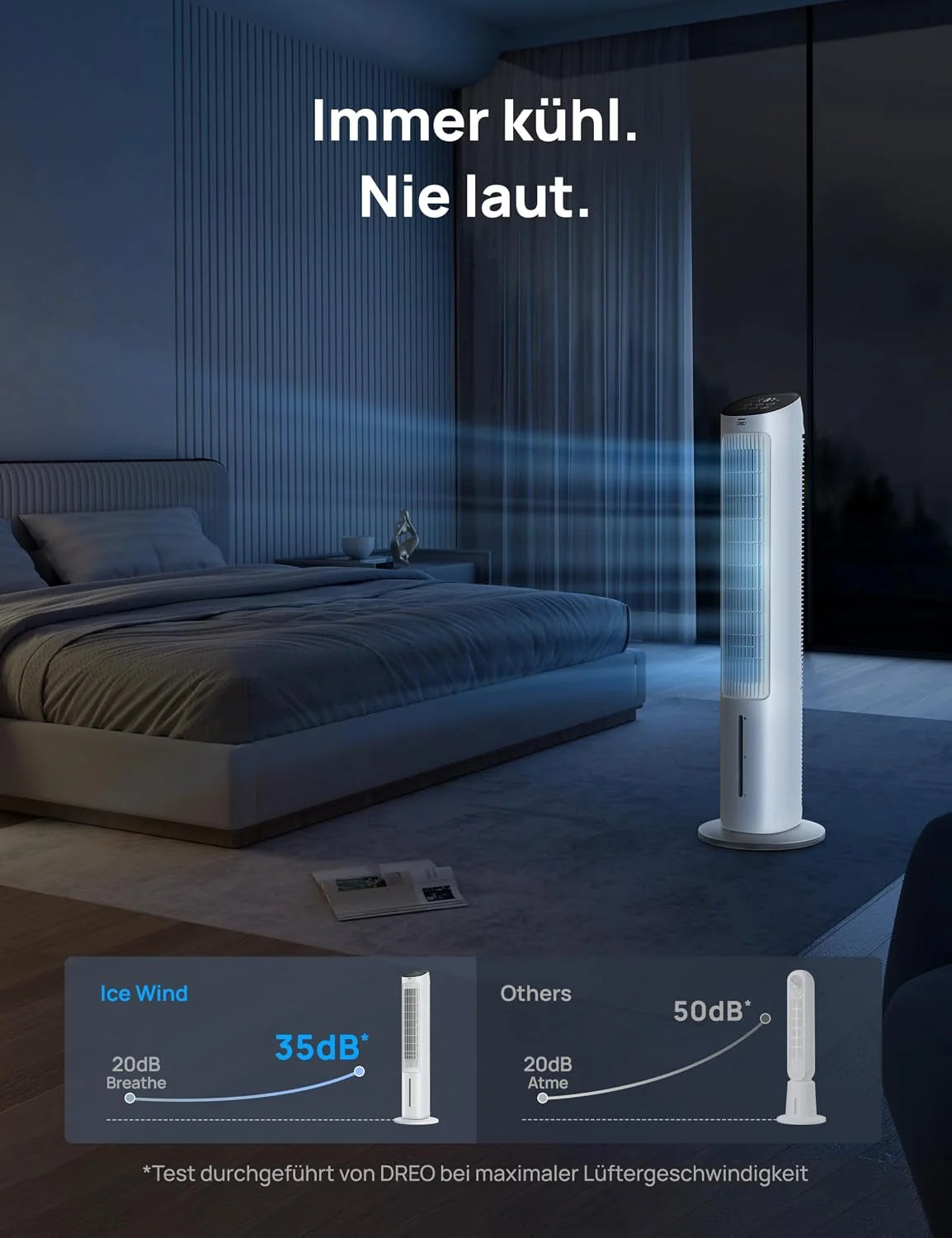 DREO Turmventilator mit Kühlung leise. Ventilator mit Wasserkühlung. 102 cm Luftkühler. Verdunstungskühler mit 80° Schwenkfunktion. 3 Modi. 4