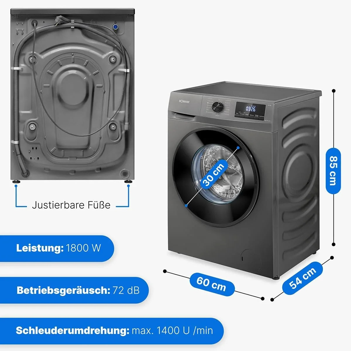 Bomann Waschmaschine 8kg | max. 1400 U/min | 10 Jahre Motor-Garantie | robuster. leiser & langlebiger Invertermotor | 15 Waschprogramme | LED-Display