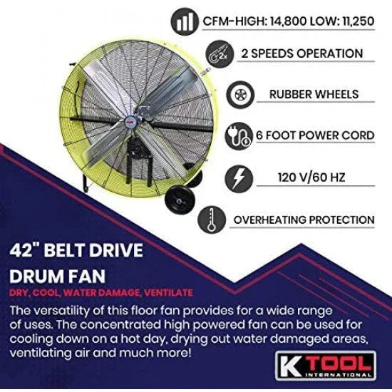 42′′ Belt Drive Drum Fan; Industrial. Garage. Shop. High Speed 2-Speed. Durable. Cut-Off Protection. Easy Mobility Rubber Wheels; SAFETY YELLOW.