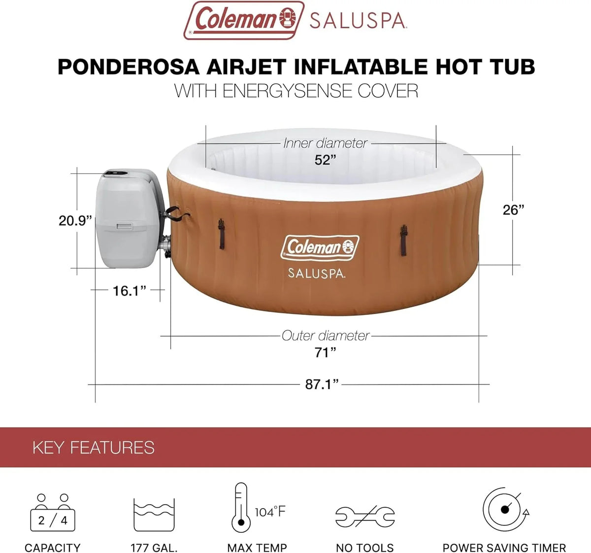 2-4 Person Inflatable Hot Tub. Portable Round Outdoor Spa with 120 Soothing Air Jets and Insulated Cover. Black
