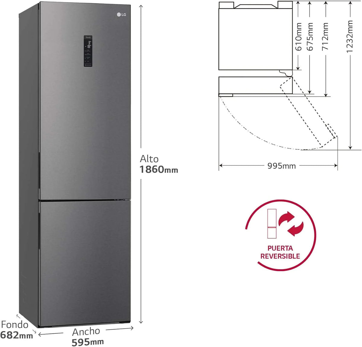 LG GBP61DSXGC - Frigorífico Combi No Frost. Congelador. Compresor Smart Inverter. Color Inox Antihuellas. 186 cm. 341 l