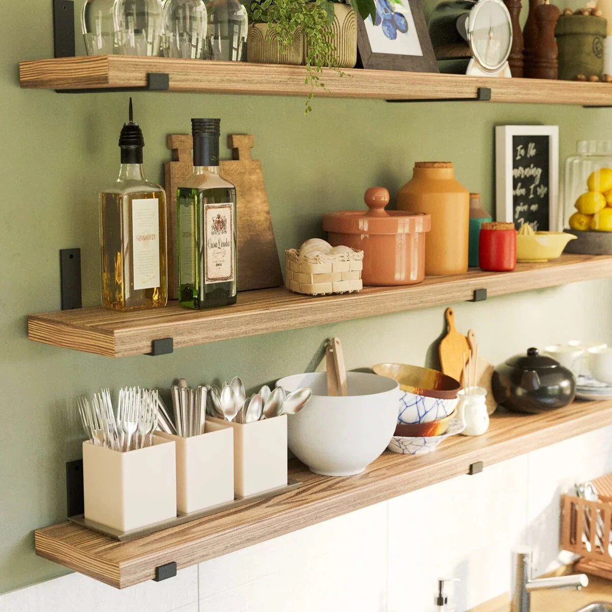 72 Inch Floating Wood Wall Shelves. Set of 3 Burnt Wood Display and Storage Shelves for Home Decor