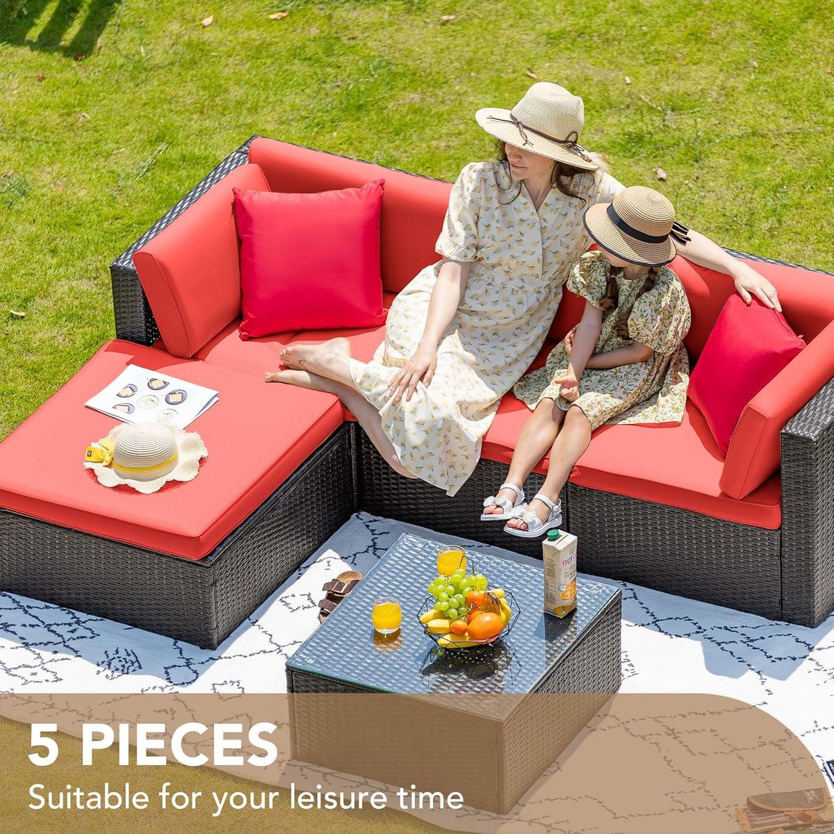 5-Piece All-Weather Patio Furniture Set with Cushions. Outdoor Wicker Conversation Sofa Set for Garden. Deck & Backyard