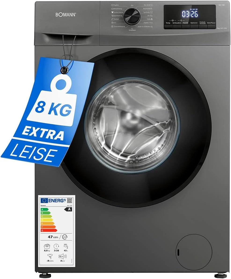 Bomann Waschmaschine 8kg | max. 1400 U/min | 10 Jahre Motor-Garantie | robuster. leiser & langlebiger Invertermotor | 15 Waschprogramme | LED-Display