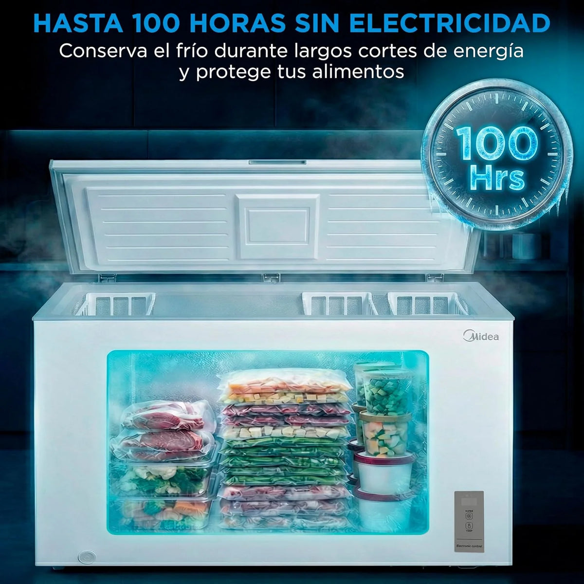 MIDEA Arcon Congelador Pequeño de 418L | Congelador Horizontal Convertible a Frigorífico con Motor Inverter. Control Electrónico de Temperatura.