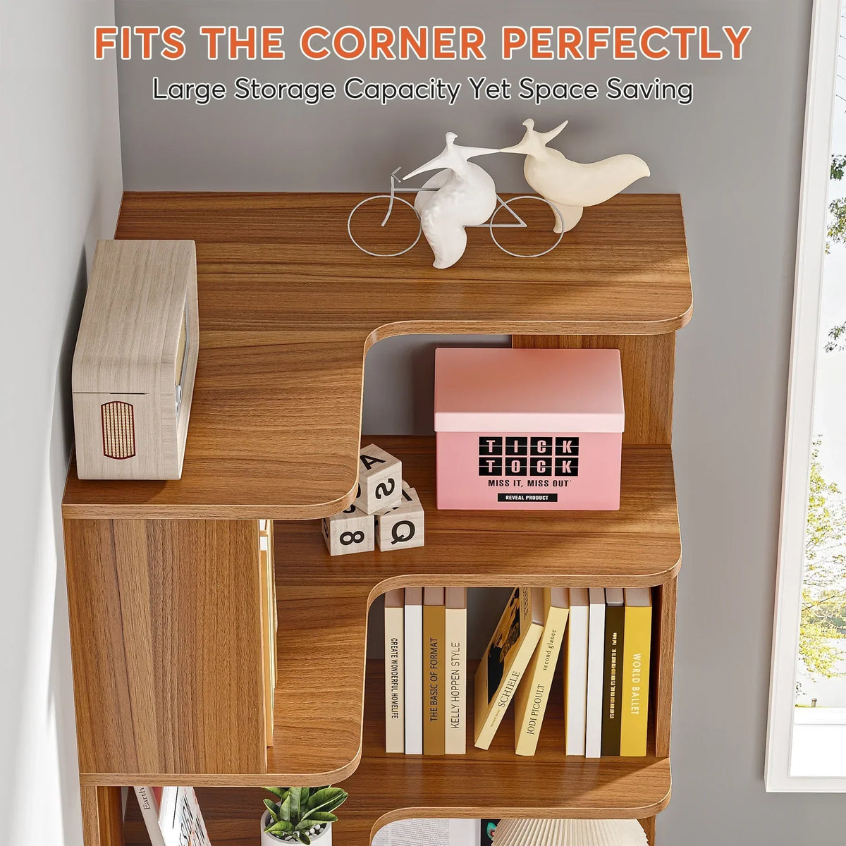 64.9 Inch Tall 6-Tier Corner Bookshelf. Freestanding Wood Industrial Bookcase