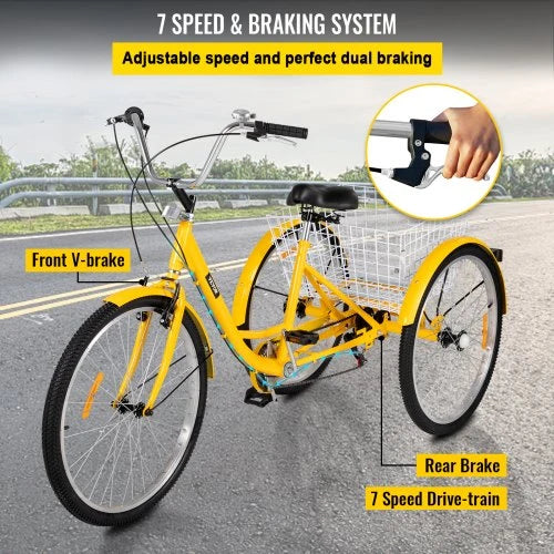 2025 Triciclo para adultos de 26 pulgadas. 7 velocidades. triciclo con canasta para paseos y compras