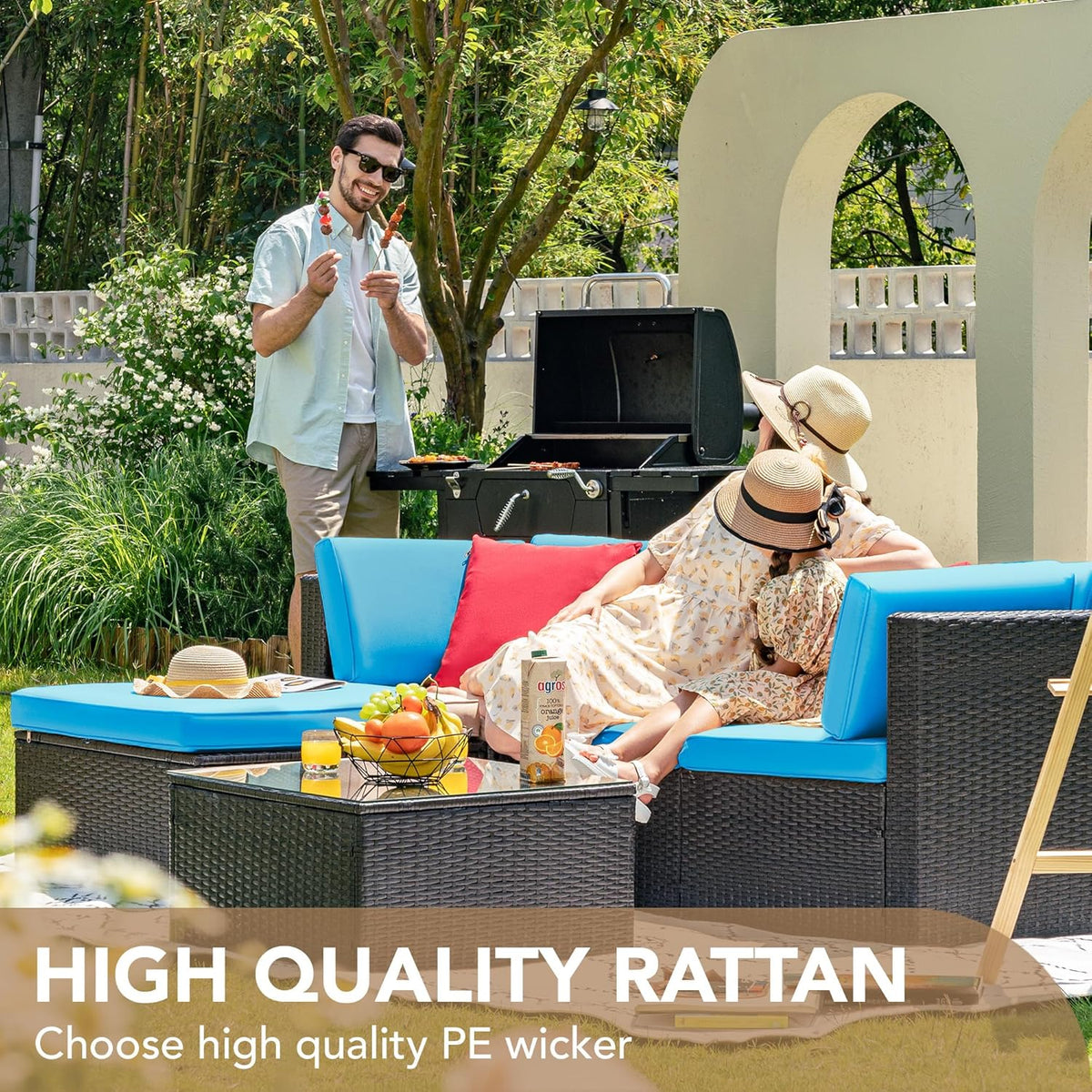 5-Piece All-Weather Patio Furniture Set with Cushions. Outdoor Wicker Conversation Sofa Set for Garden. Deck & Backyard
