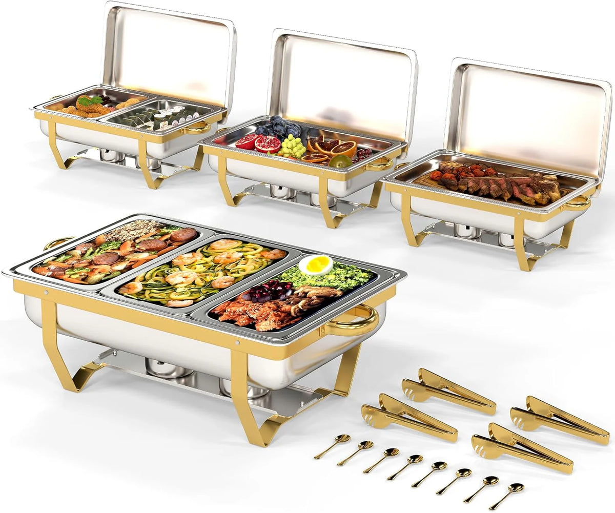 4 Pack Stainless Steel Chafing Dishes for Buffet. 9 QT Capacity 7 Pans Food Warmers for Parties. Weddings. Events Hosting. Family Gatherings. Full Set Catering Server with Serving Utensils Accessories