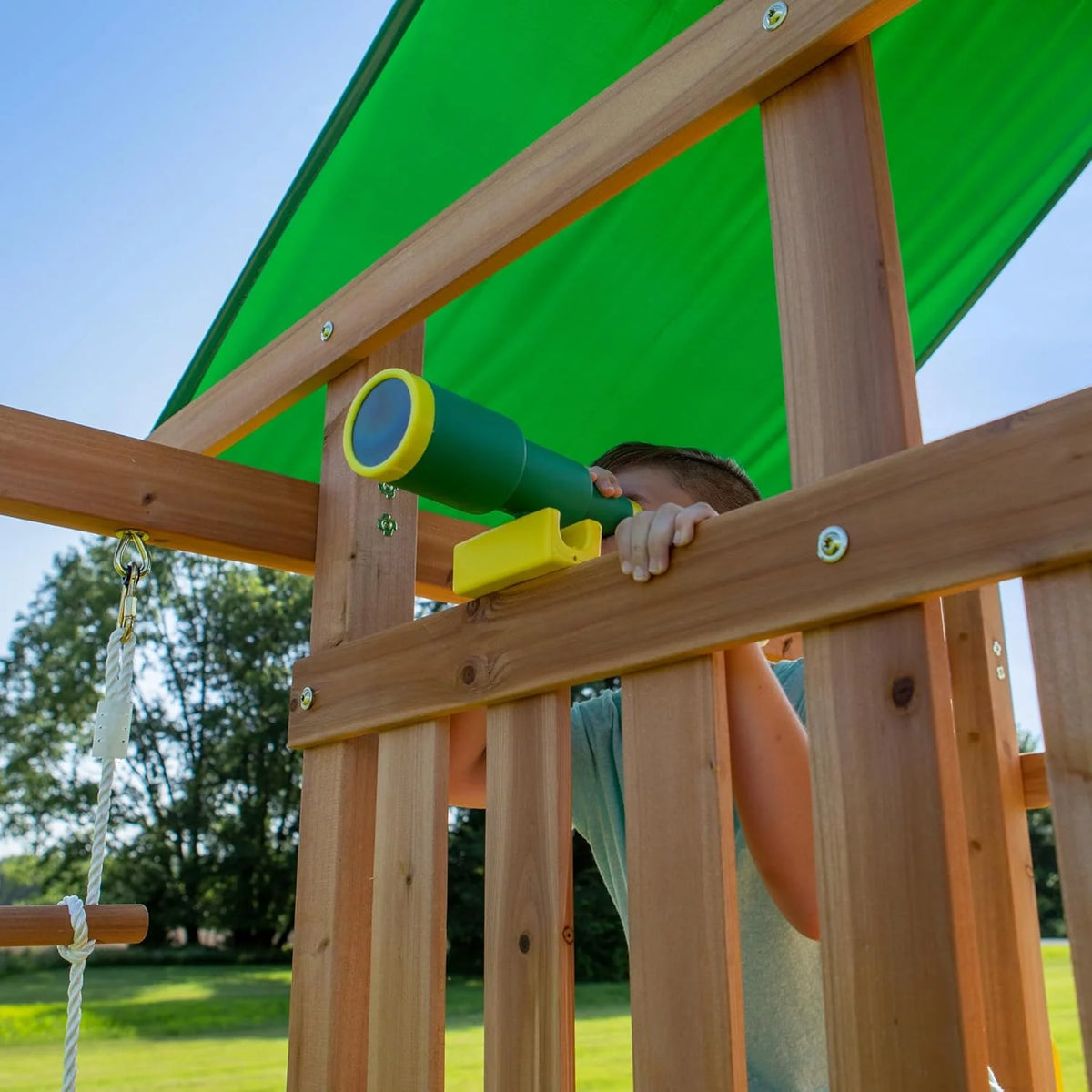 Mount Mckinley Cedar Wood Swing Set with Wave Slide. Play Deck. Double Rock Wall. Rope Ladder. Web Swing. Belt Swings. Toy Telescope. Steering Wheel. Sandbox Area. Outdoor Playset