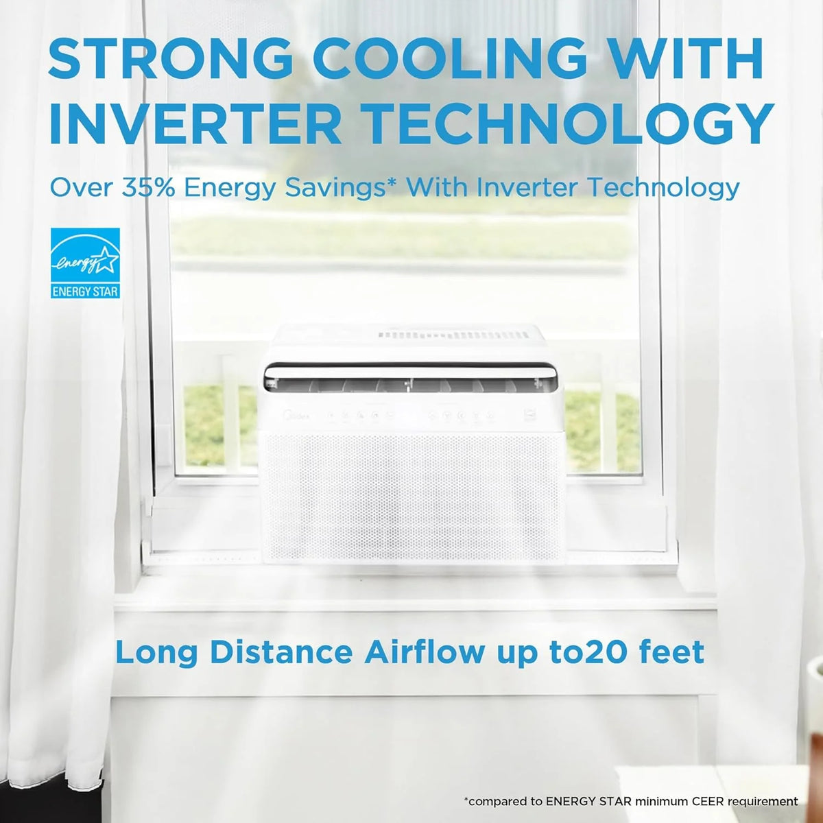 8.000 BTU U Shaped Smart Inverter Window Air Conditioner. Cools up to 350 Sq. Ft.. Ultra Quiet with Open Window Flexibility. Works with Alexa/Google Assistant. 35% Energy Savings. Remote Control
