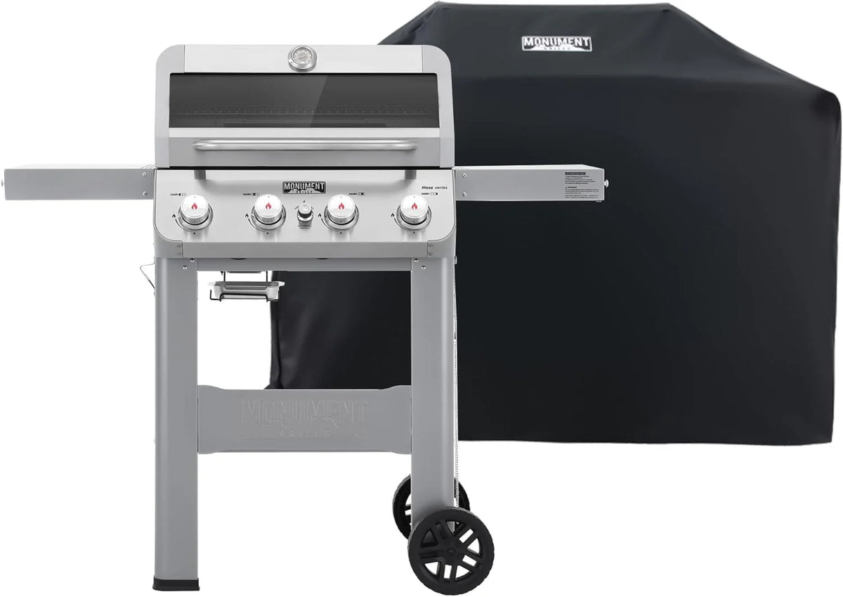 Grills 4-Burner Liquid Propane Gas Grill. Silver Stainless Steel Grill Outdoor Patio Garden Barbecue Grill with Clearview® Lid and One Foldable Shelf. Mesa400MF