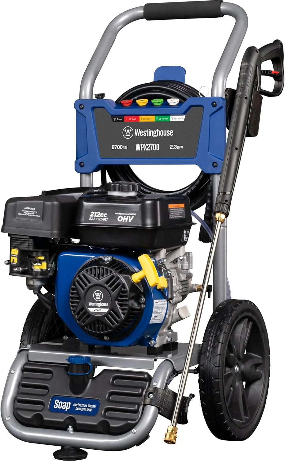 WPX3400 Gas Pressure Washer. 3400 PSI and 2.6 Max GPM. Onboard Soap Tank. Spray Gun and Wand. 5 Nozzle Set. for Cars/Fences/Driveways/Homes/Patios/Furniture
