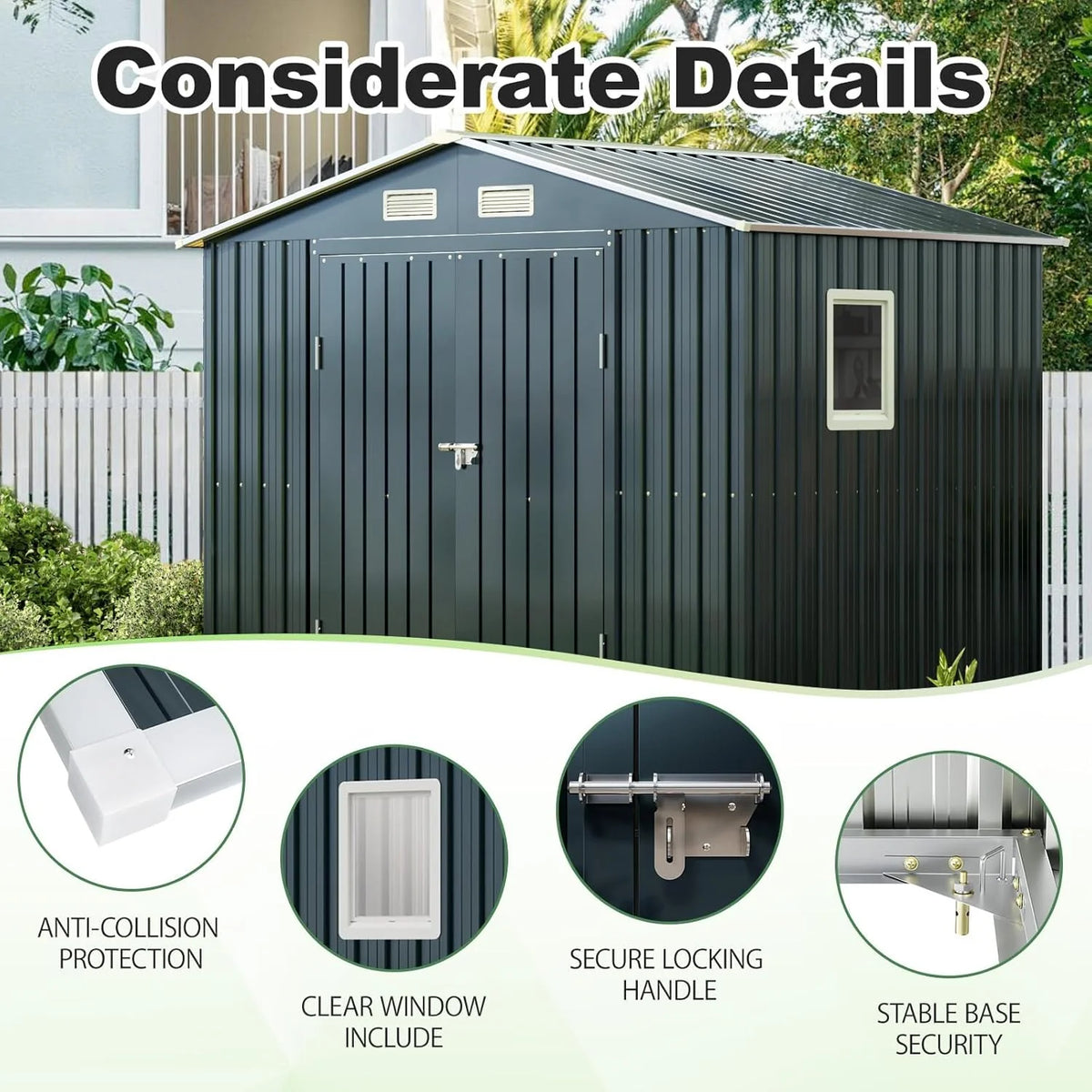 8x6FT Outdoor Steel Storage Shed with Clear Window. Lockable Doors. Weather-Resistant Metal Tool Shed for Garden. Backyard. Patio. and Utility Storage