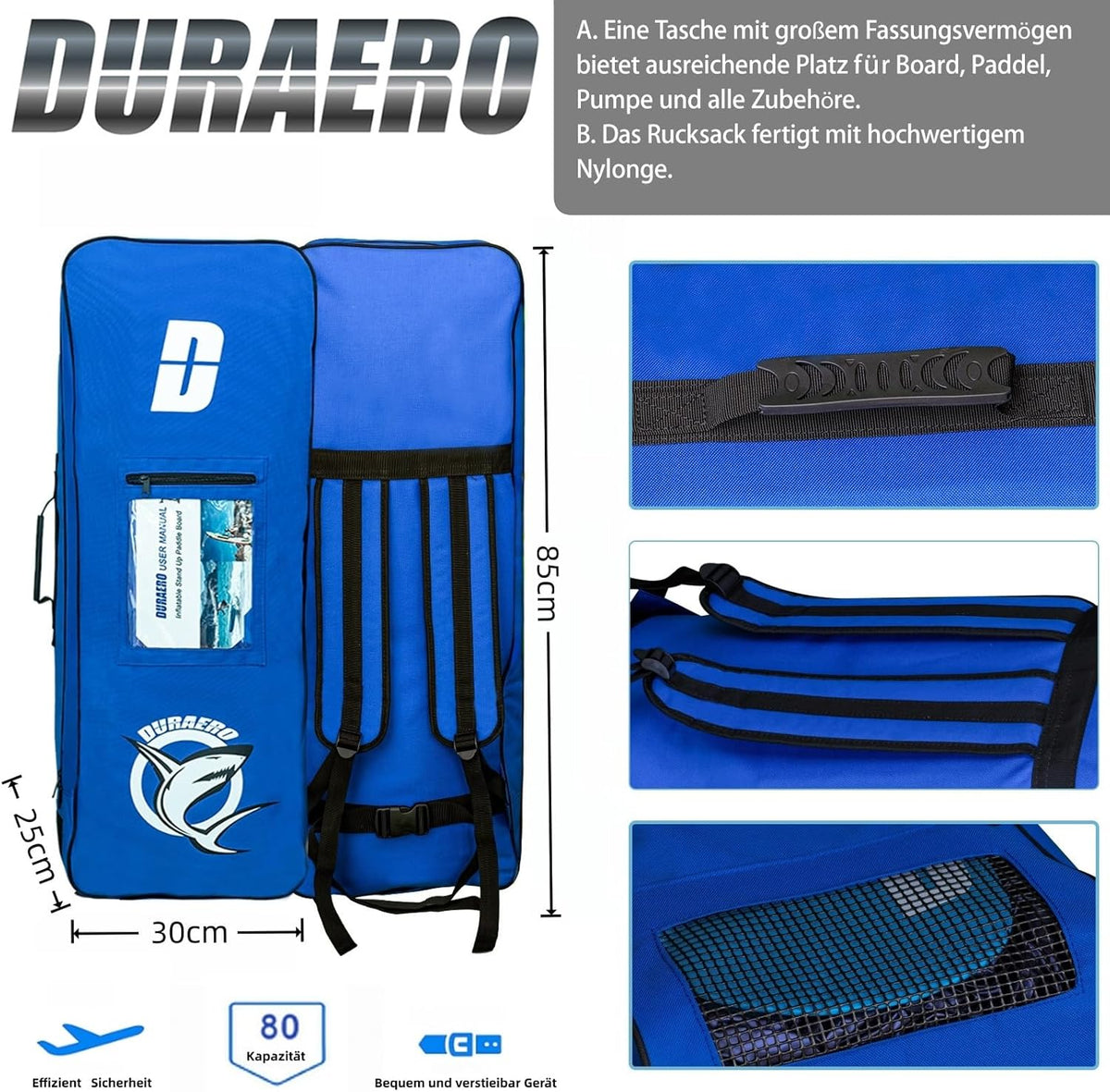 Inflatable Paddle Board with Kayak Seat. 330 x 76 x 15 cm. up to 150 kg. Integrated Pad. Detachable Fin. Double Adjustable Paddle. Repair Kit. Blue