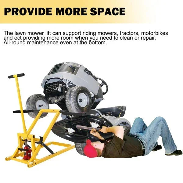 Lawn Mower Lift with Hydraulic Jack. 26 Inches Lawn Mower Lift. Welded Solid Steel Construction. Weight Capacity 500 LBS. for Riding Lawn Mowers