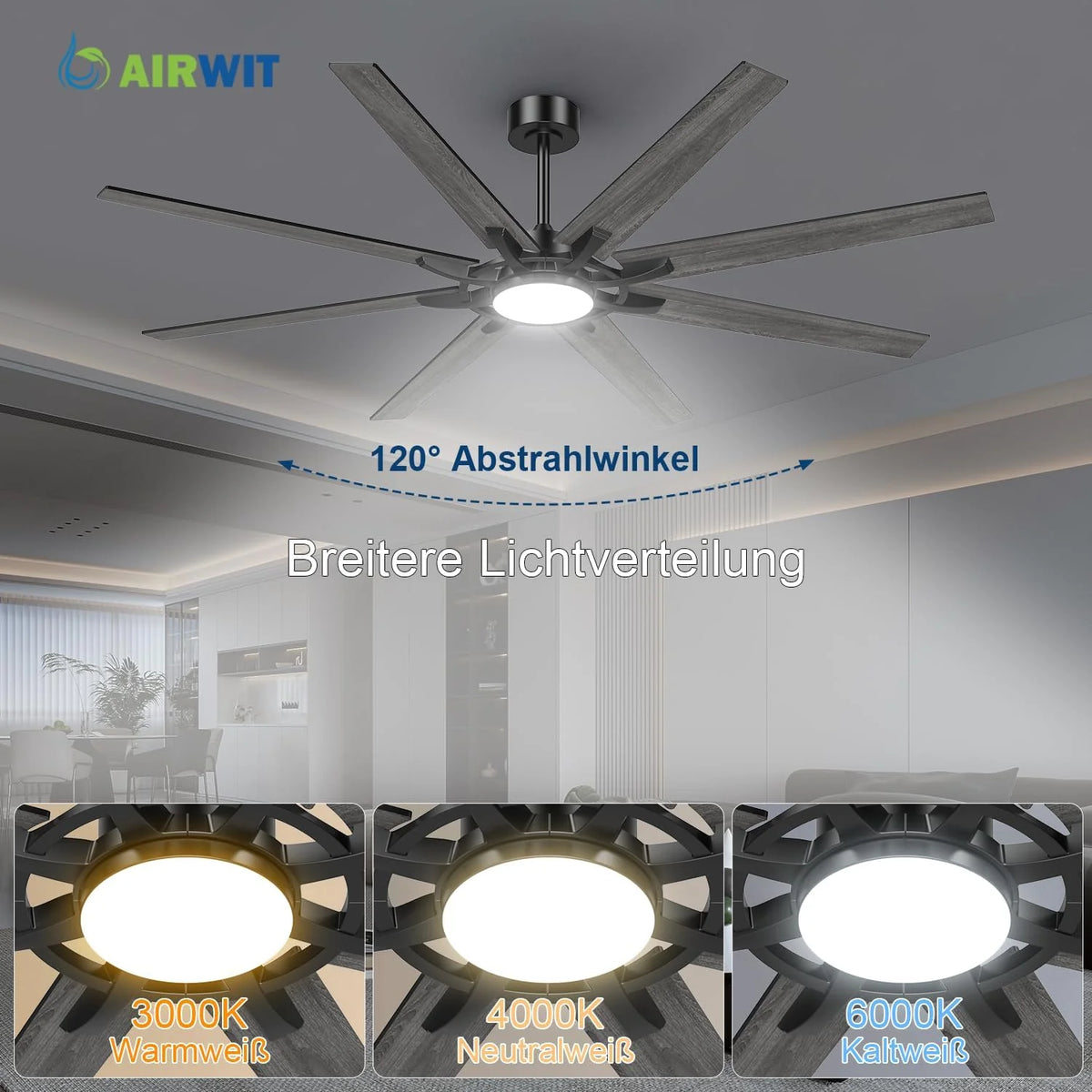 Airwit 183cm Deckenventilator mit Beleuchtung Extra Groß. Verbundholz Outdoor Leise Deckenventilator mit Licht und Fernbedienung. Lampe mit Ventilator