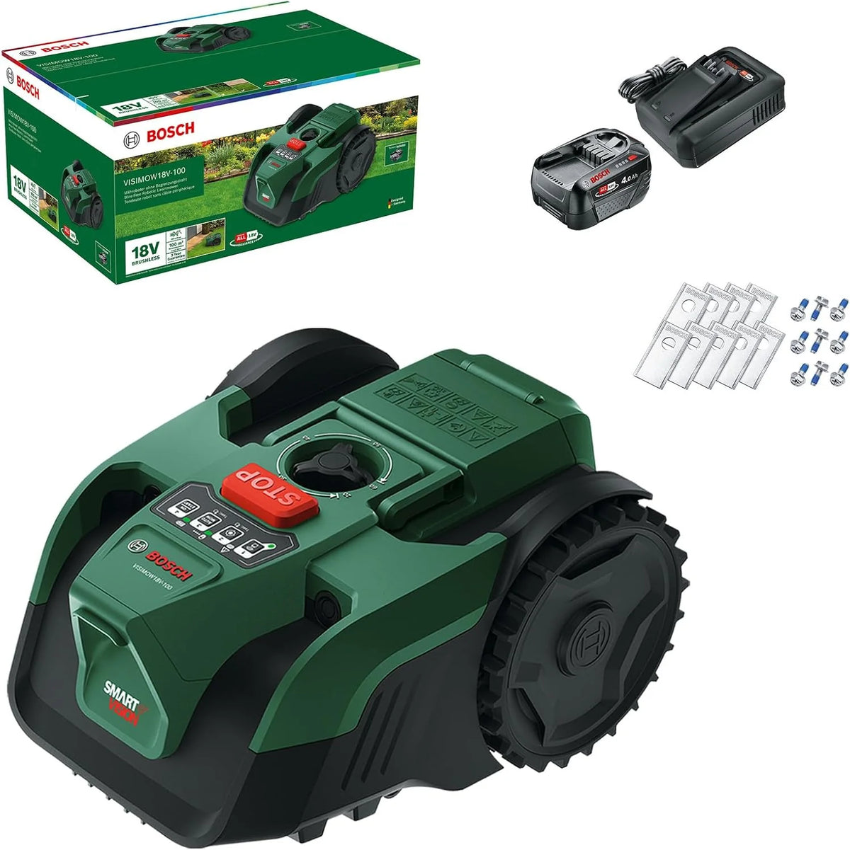 Akku-Mähroboter VISIMOW18V-100 (für Rasenflächen bis 100 m². Schnittbreite: 16 cm. Schnitthöhe: 20-60 mm. mit Ersatzmessern. inkl. Akku und Ladegerät)
