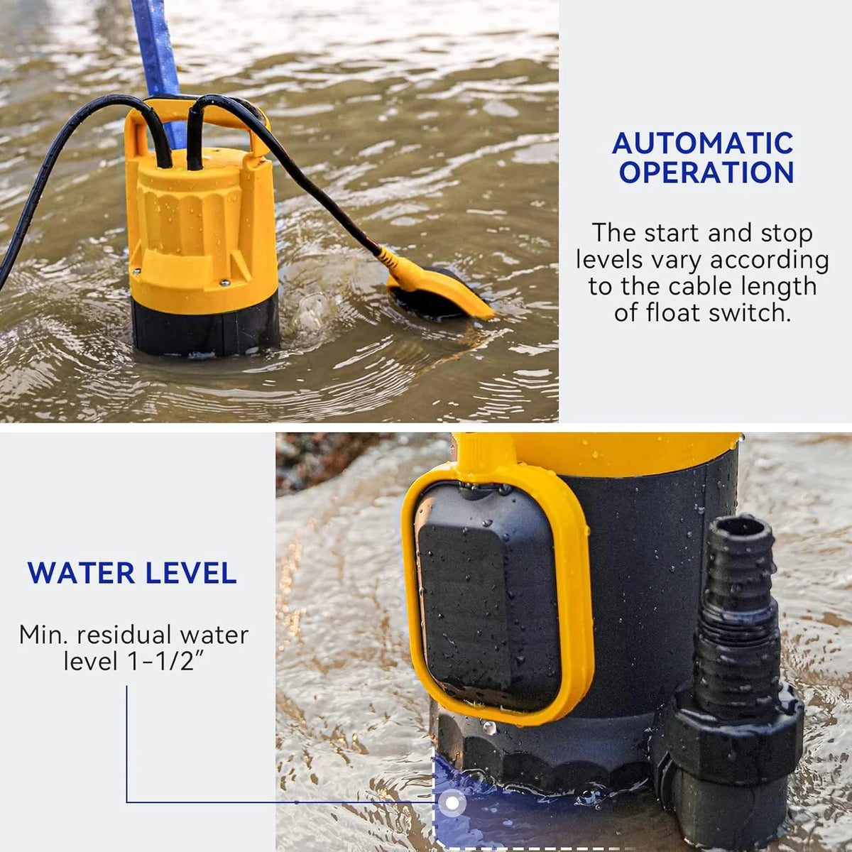 3/4HP Submersible Sewage Effluent Pump. Cast Iron. 115V 6400 GPH Automatic Tethered Float Switch. Sump Pump for Sump Basin. Basement. Residential Sewage. 2'' NPT Discharge