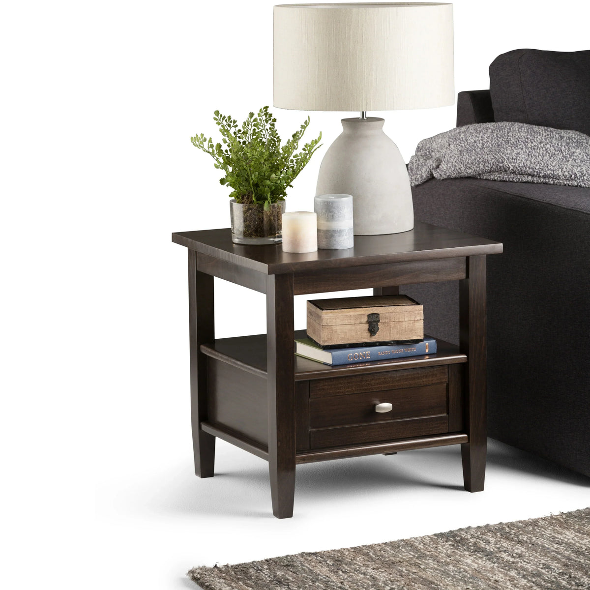20 Inch Wide Solid Wood Rectangle End Table. Transitional Side Table