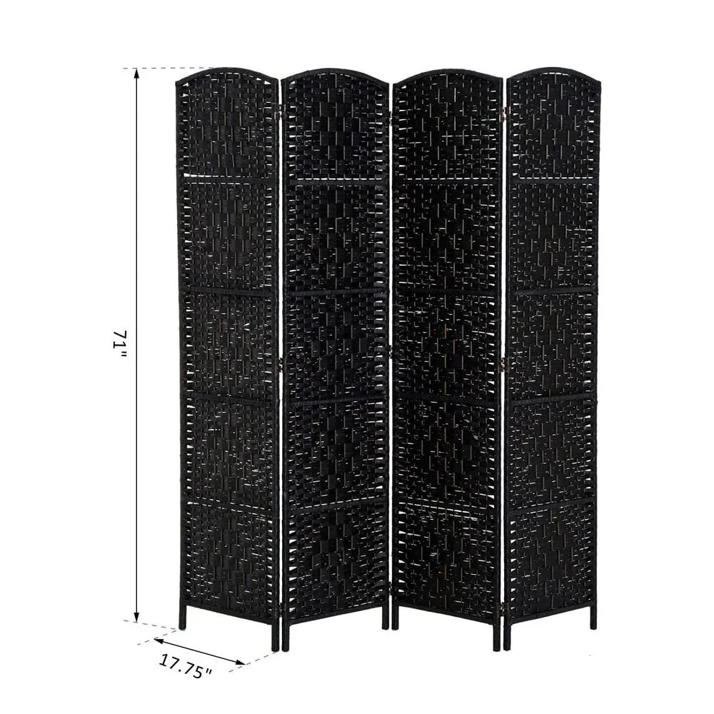 6 Ft Tall Four-Panel Wicker Weave Room Divider. Black Wood Privacy Screen