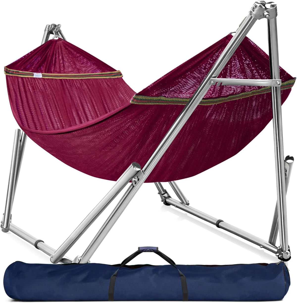 Double hammock with frame. with a load capacity of 650 pounds. double hammock with support rods. made of high-quality 201 stainless steel. assembled in 30 seconds. sturdy and flexible portable hammock frame. suitable for outdoor and indoor use. black