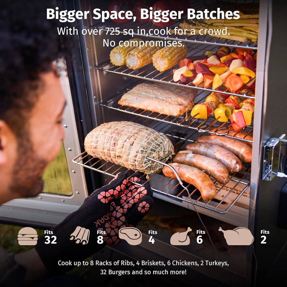 30-inch electric oven | Built-in meat detector and outdoor-specific stand | Up to 6 times longer baking time. adjustable side spice loader | With a 725 square inch cooking area. it can achieve more baking effects
