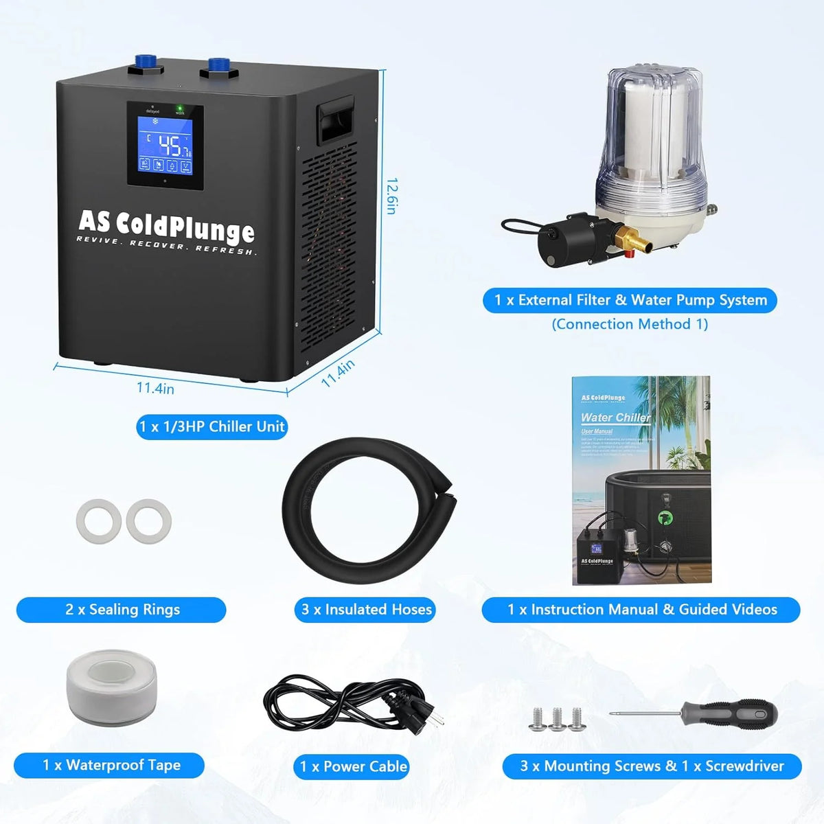 Ice Bath Water Chiller for Cold Plunge Tubs. 1/3 HP Upgraded Ice Bath Chiller with External Filter Water Pump. Ideal for Cold Plunge Recovery Ice Bath Tubs Home Use 110V Cooling Chiller