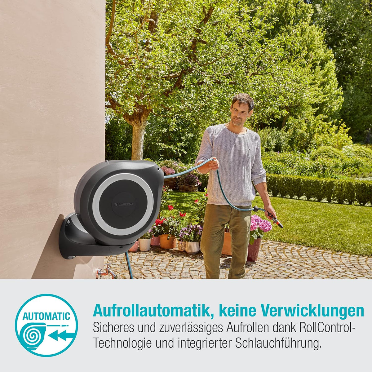 Gardena Wand-Schlauchbox RollUp M 20 m: Flexible Bewässerung für mittelgroße Gärten. schwenkbare Schlauchtrommel. mit Wandhalterung. Systemteilen und