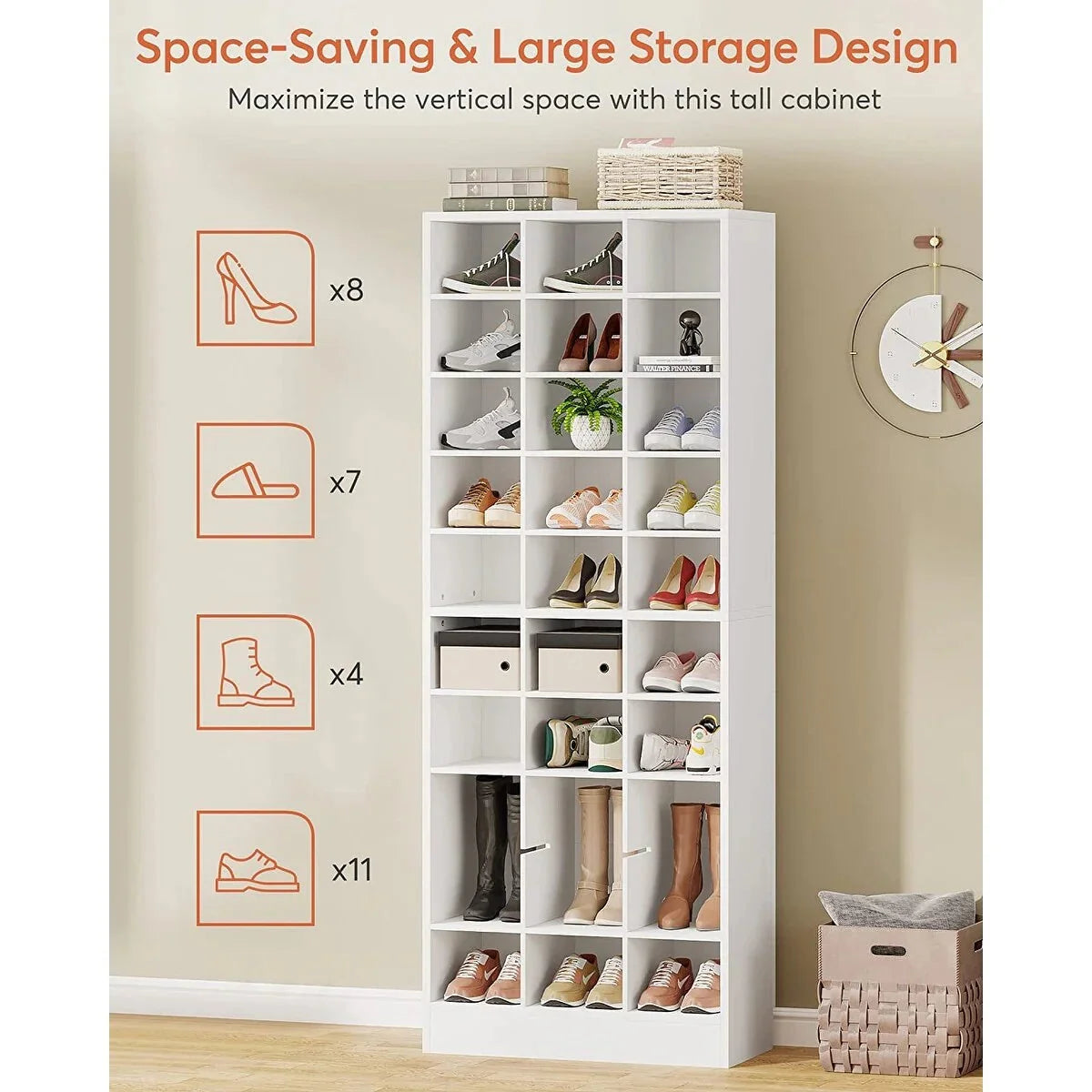 10-Tier Tall Shoe Cabinet. 30-Pair White Wood Shoe Storage Rack for Entryway and Closet