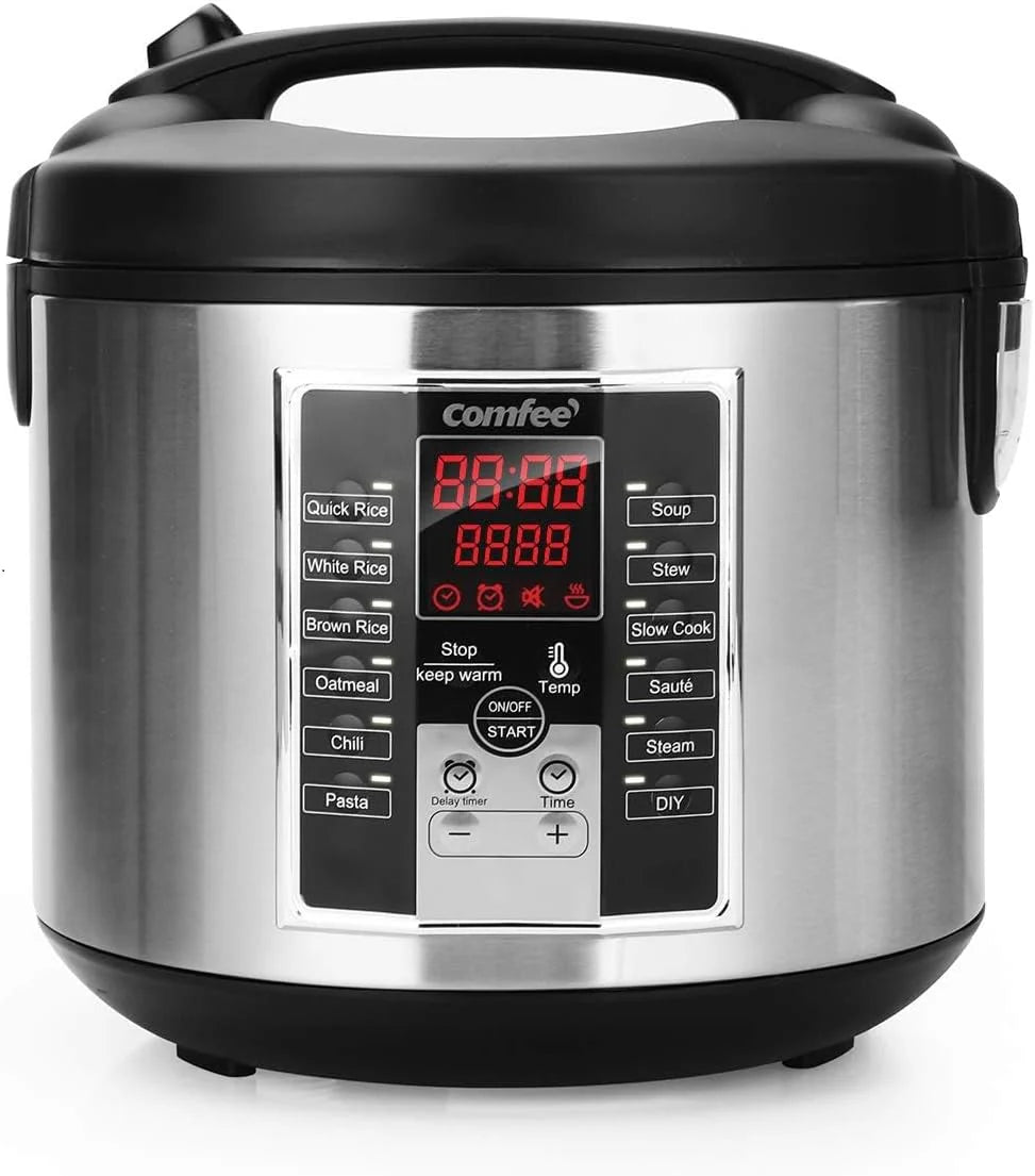 Compact electric rice cooker. 6-in-1 stainless steel multi-functional cooking utensil. slow cooker. steamer. frying pan. heater and warmer. 2-gallon capacity (8 cups cooked. 4 cups uncooked). suitable for brown rice. quinoa and oats. 6 one-button pro