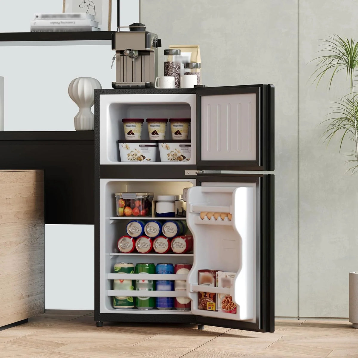 Merax Kühlschrank mit Gefrierfach. 60L Kleiner Kühlschrank. kompakt. Glastür. LED-Innenbeleuchtung. manuelle Temperaturregelung. Glasablagen. 45 dB(A)