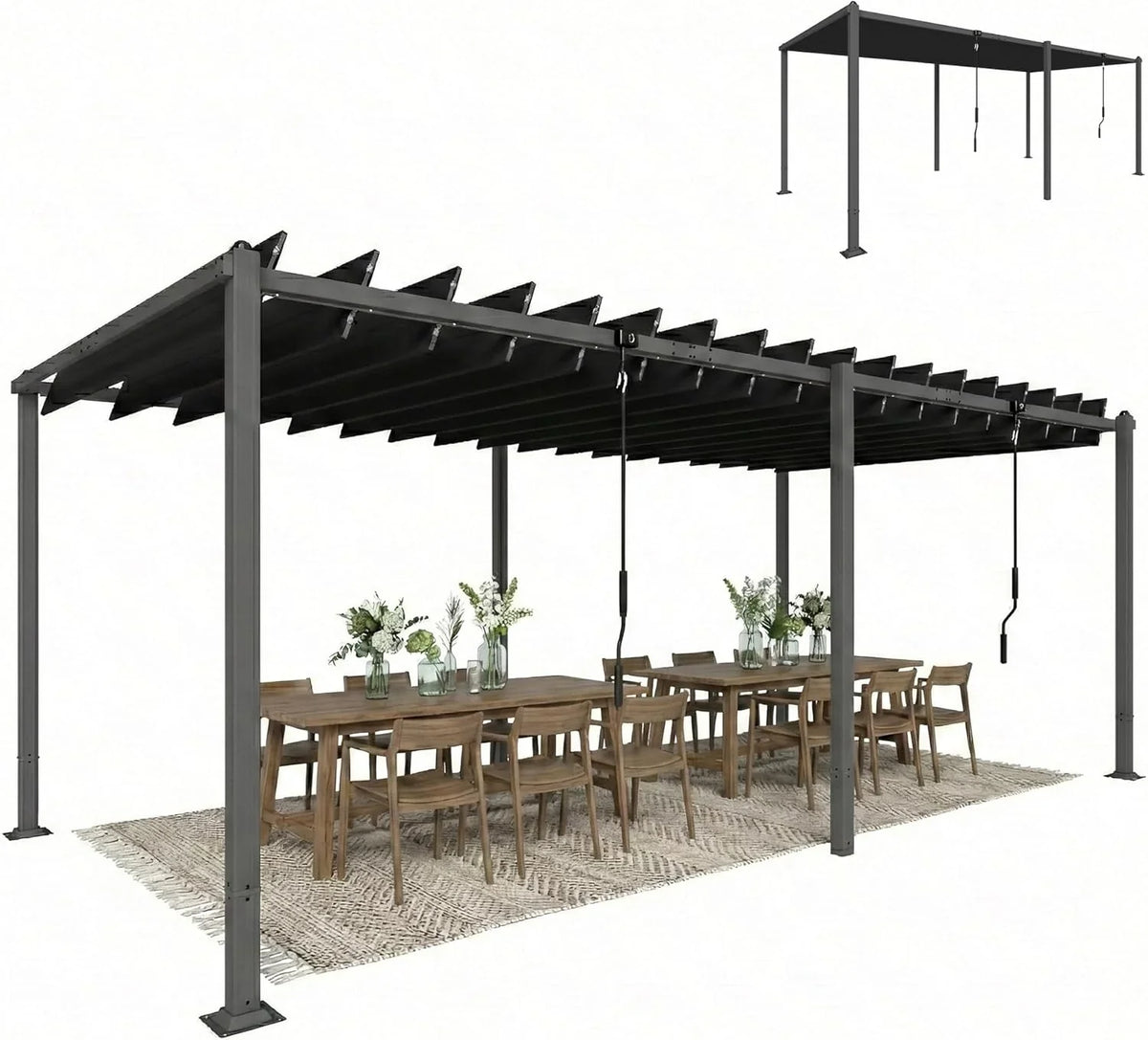Outsunny Pérgola de Jardín 3x5.7 m. Cenador de Jardín con Techo de Lamas Ajustable a 90°. Manivela. Estructura de Aluminio. Protección UPF50+.