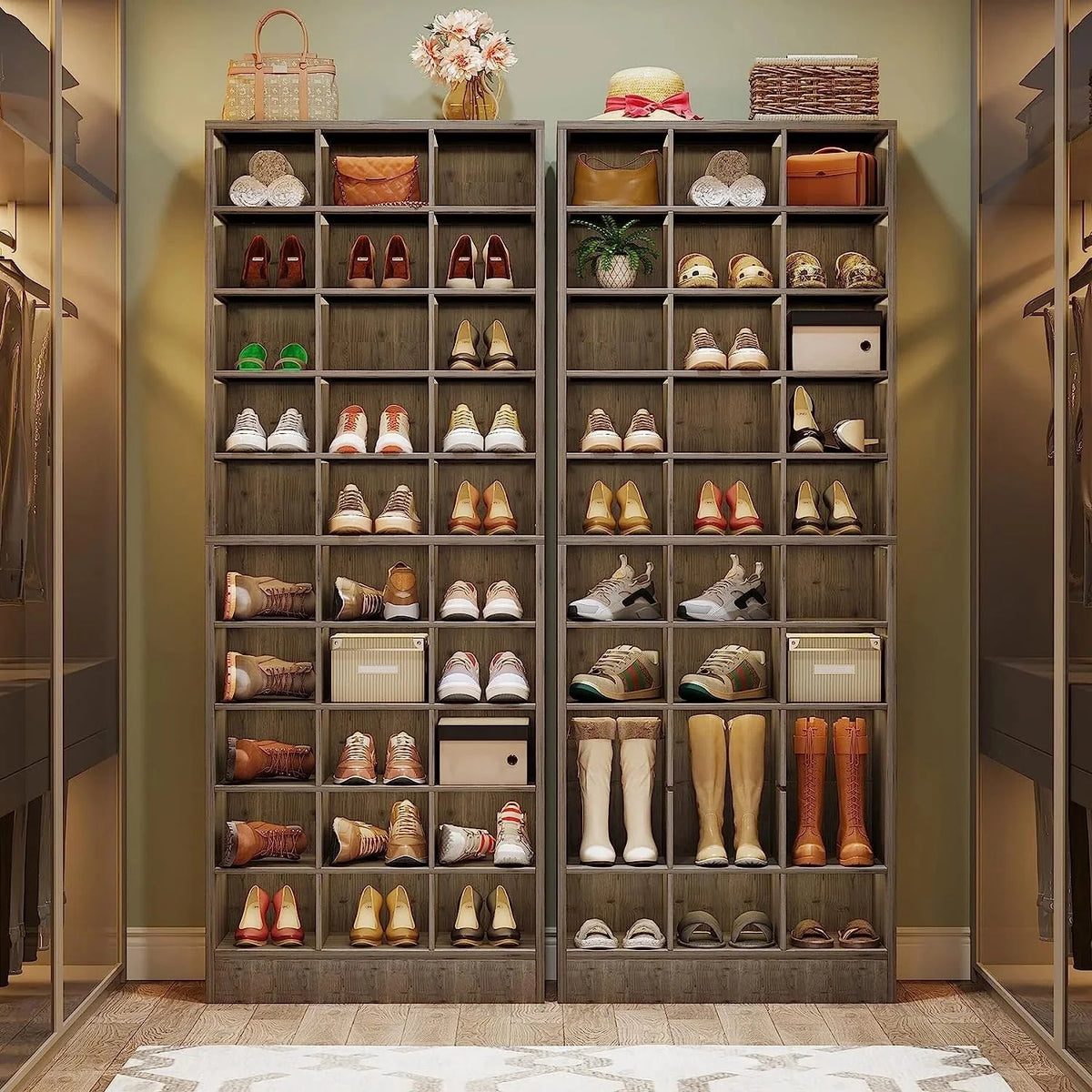 10-Tier Tall Shoe Cabinet. 30-Pair White Wood Shoe Storage Rack for Entryway and Closet
