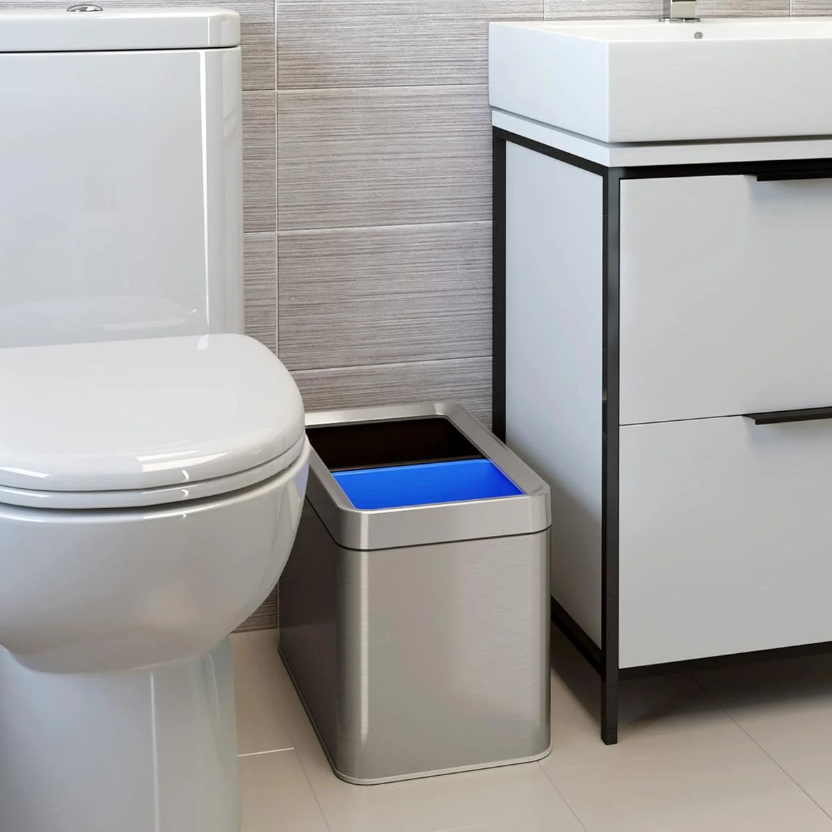 16-gallon contact-free trash and recycling bins. made of stainless steel. with a double compartment design (each compartment holds 8 gallons). suitable for recycling and waste disposal in the kitchen.