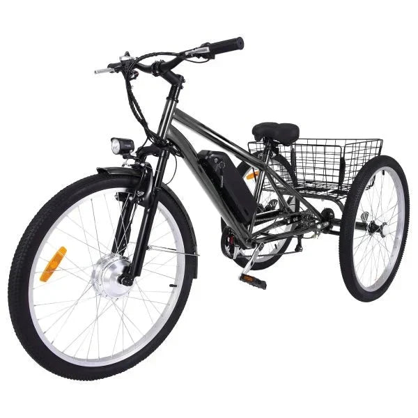 26 Inch Adult 3 Wheel Electric Tricycle with Basket. Fat Tires.7 Speeds.350W Powerful Motor. 36V 10Ah Removable Battery – Dark Gray