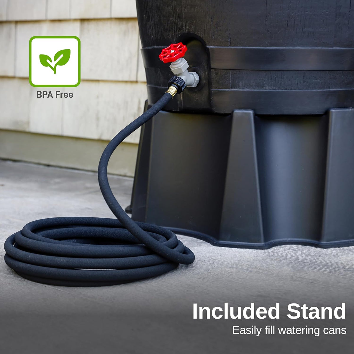 RTS Home Accents 50-Gallon ECO Rain Barrel Made with 100% Recycled Plastic. Flat Back Rain Water Collection Barrel. Black