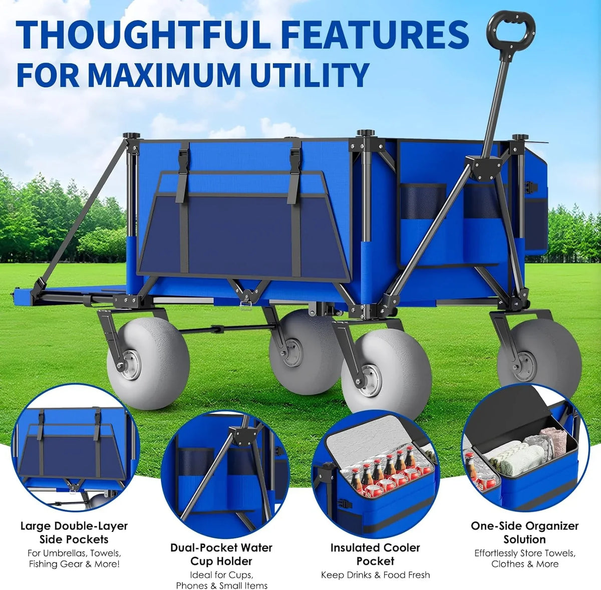 Beach Wagon with Big Wheels for Sand - 450lbs Load Heavy Duty Wagons Carts Foldable with 9 All Terrain Inflatable Tires. Collapsible Beach Cart for Grocery Shopping Garden Sports Camping Outdoor