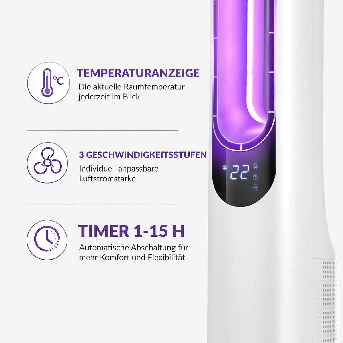 LEHMANN Turmventilator mit Fernbedienung & LED-Display. leiser Ventilator mit Schlafmodus. 15 h Timer. 3 Lichtfarben. 3 Modi. 3 Geschwindigkeiten.