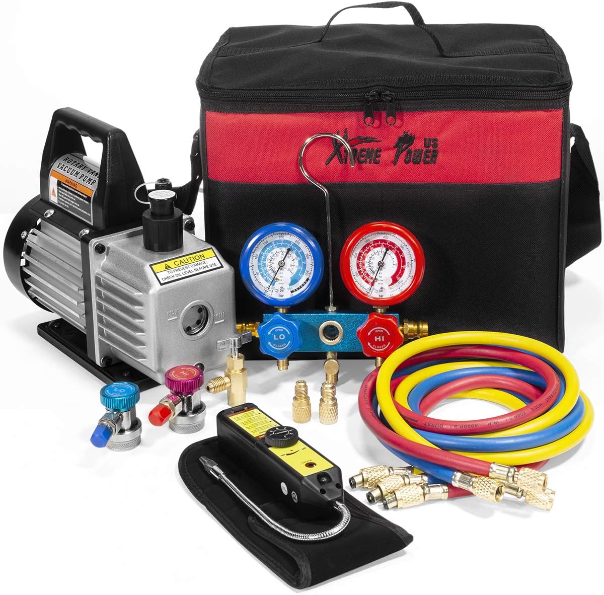 4 CFM HVAC A/C Refrigeration Vacuum Pump and Manifold Gauge Kit with R134a Tap. Leak Detector and Carrying Bag