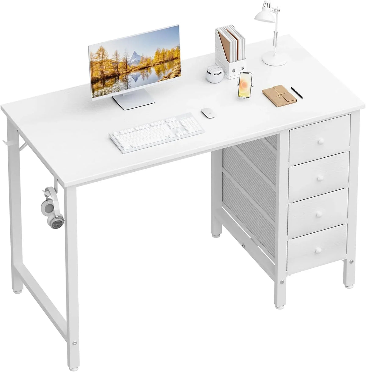 40 Inch Small White Desk with Fabric Drawers. Compact Computer Writing Desk for Home Office. Bedroom and Study