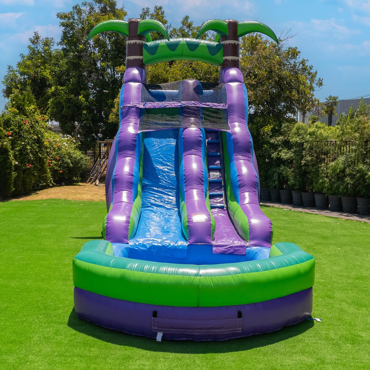 16' Purple Tropical Lightweight Premium Commercial Grade Water Slide Inflatable with Attached Pool for Kids and Adults (with Blower). Wet Dry Use. Summer Fun