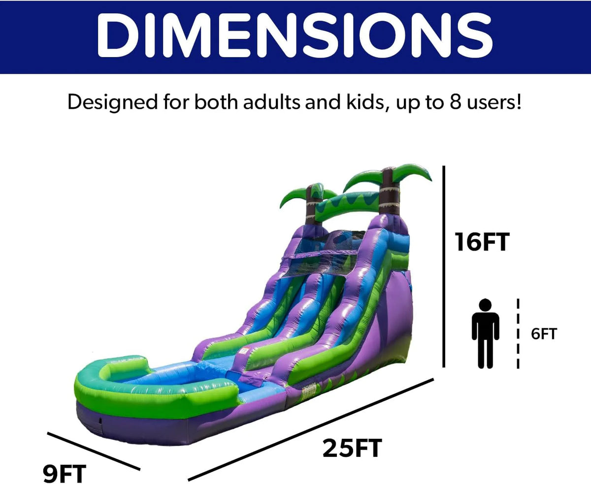 16' Purple Tropical Lightweight Premium Commercial Grade Water Slide Inflatable with Attached Pool for Kids and Adults (with Blower). Wet Dry Use. Summer Fun