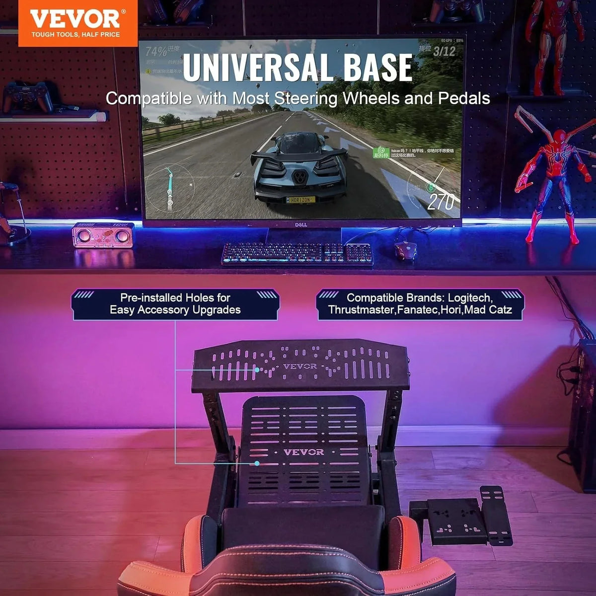 Soporte para Volante de Carreras VEVOR con Ruedas para Logitech G923/G920/G29. Cabina de simulador de conducción de Acero Resistente. Thrustmaster