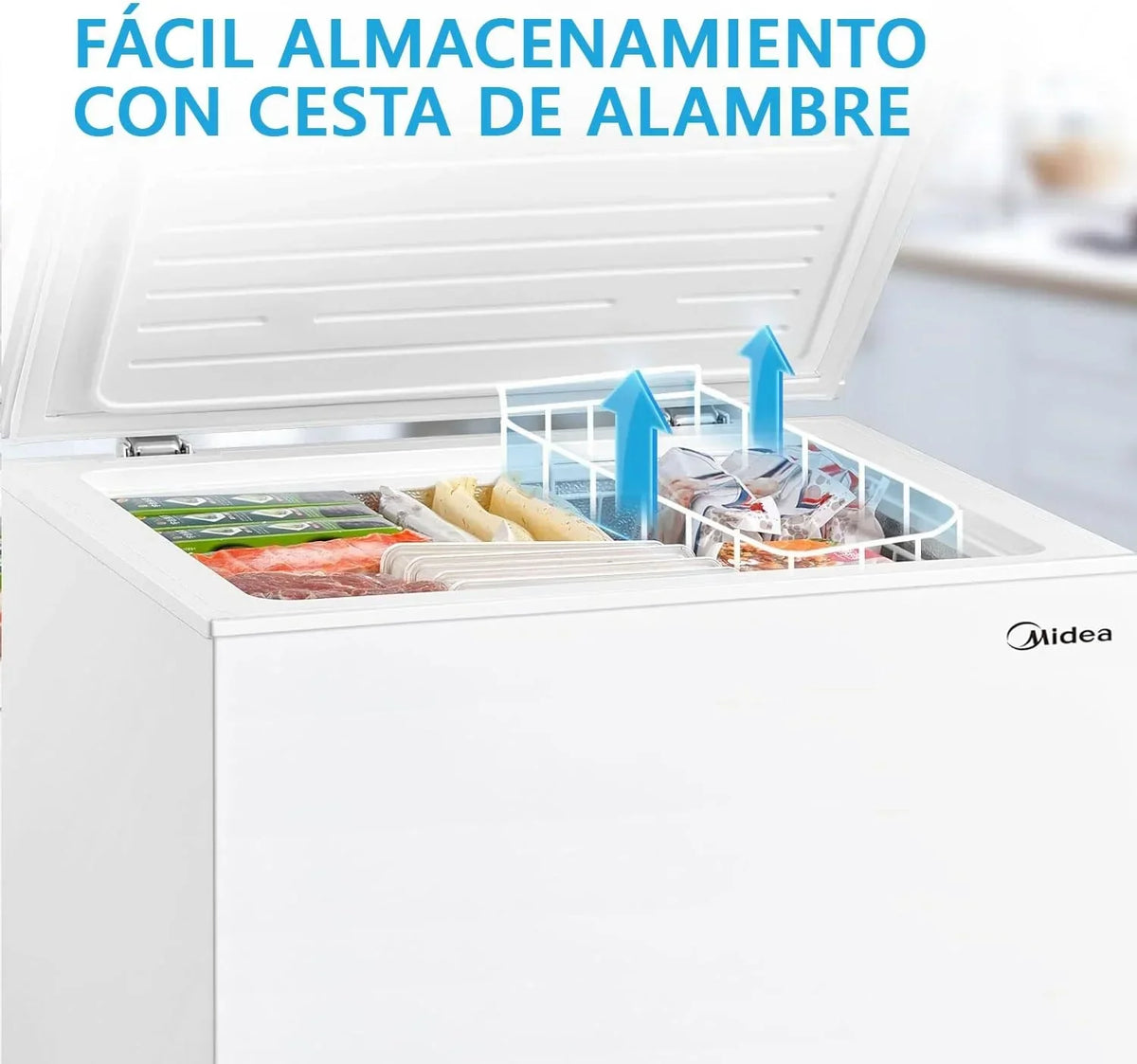MIDEA Arcon Congelador Pequeño Horizontal de 99L. Motor Inverter. Control Electrónico de Temperatura. Tecnologia D-TYPE Tube. Cestas con Asa. Easy